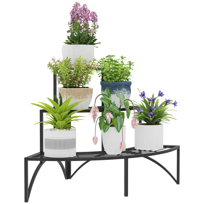 Outsunny 3-Tier Pflanzenstand, Blummestander fir Innen a Baussen, Metall Pflanzenregal, Multi-tier Blummerez, 60 cm héich Blummenstuf fir d'Wunnzëmmer