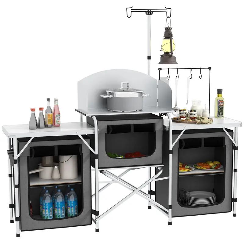 Folding Camping Kitchen Camp Cabinet with Aluminum Frame, Light Stand, Camping Kitchen with Storage Compartments Countertop Windscreen, Travel Kitchen, Outdoor Kitchen Cabinet for Camping Trips