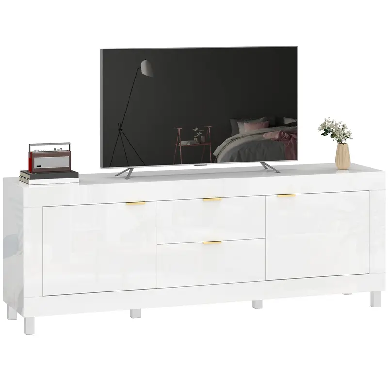 Low TV Stand for TVs up to 75" – 71 x 15.7 x 26 in (180 x 40 x 66 cm) High-Gloss White TV Cabinet with 2 Soft-Close Doors, Cable Management & 2 Drawers