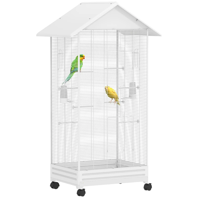 Bird Cage with Wheels, 79 x 65 x 155 cm (31.1 x 25.6 x 61.0 in) — Large Aviary with 2 Feeders, 8 Perches, 4 Doors & Removable Tray, White