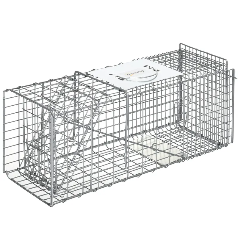 Piège à animaux vivants pliable Outsunny 66x24x30,5 cm Cage de capture en fil avec porte et poignée pour lapins, chats, rats et rongeurs Argent