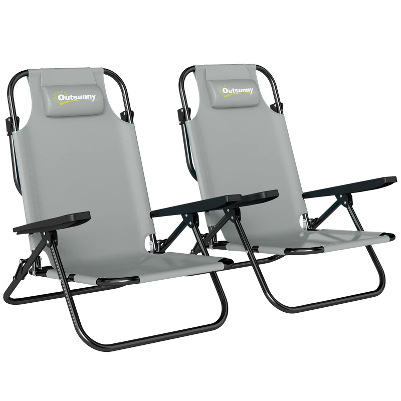 2-Pack Folding Beach/Camping Chairs — 5-Position Adjustable Backrest, Headrest & Armrests, Light Gray