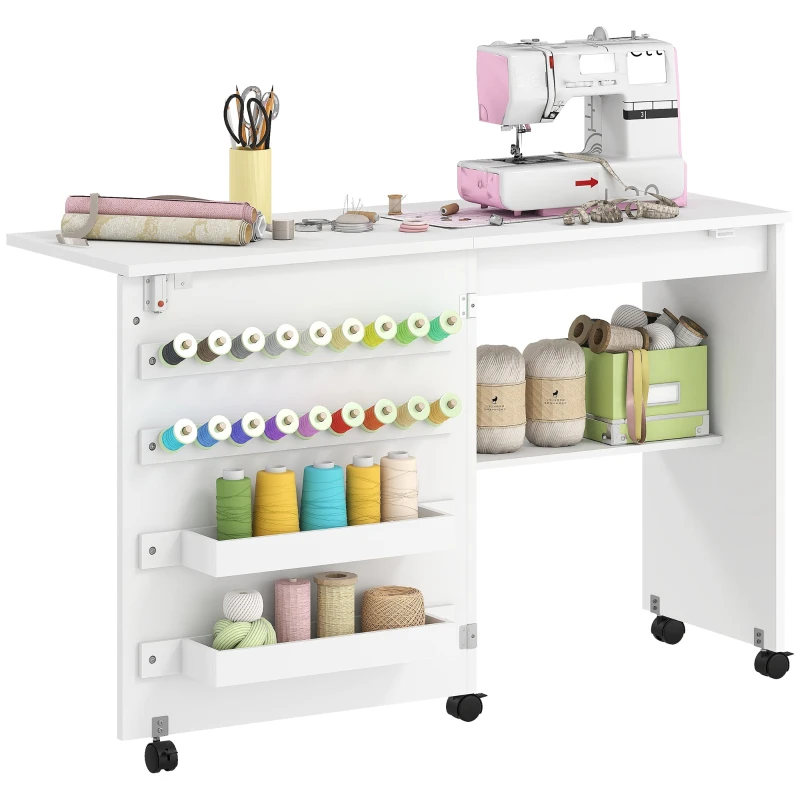 Foldable Sewing Table with Magnetic Door, 18 Spool Holders, Lower Shelf & 5 Casters, White