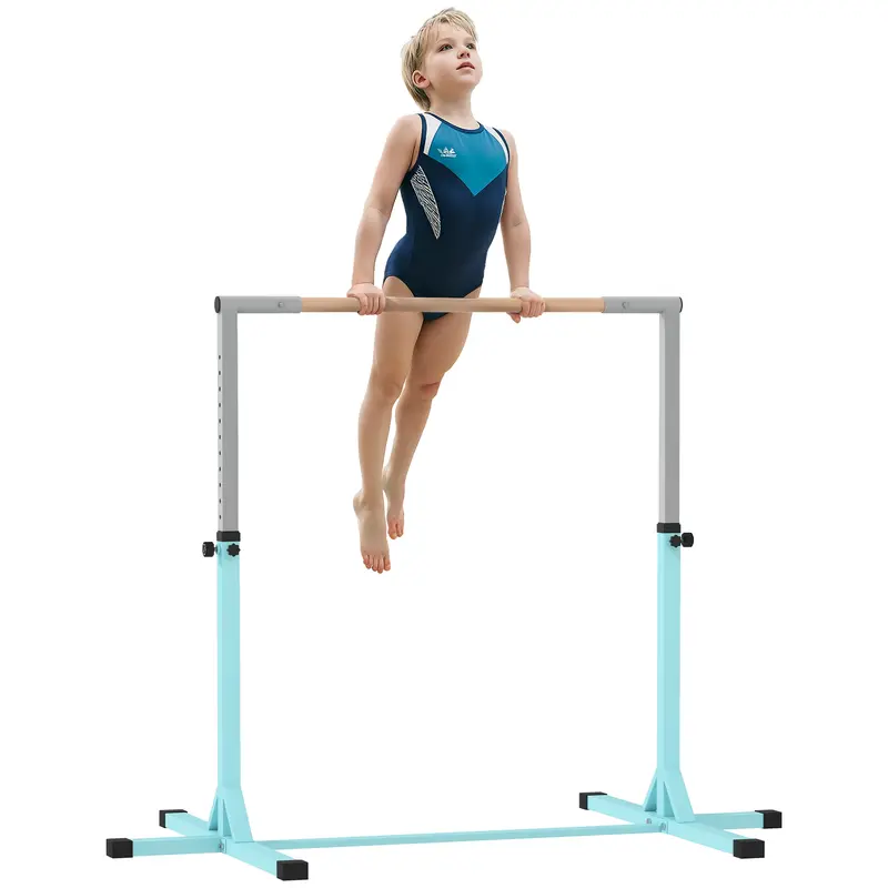 Adjustable Kids Gym Bar – 13 Heights (36–59 in), Beech Wood Bar & Steel Frame, Anti-Slip, Cyan
