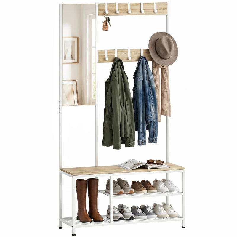4-in-1 Coat Rack with Shoe Storage, Bench & Mirror, 8 Hooks, Metal Frame, Modern, Natural