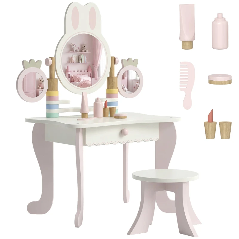 Girls' Pink Wooden Makeup Vanity with Stool, Triple Mirrors, Drawer & 5 Pine Wood Accessories — Wooden Kids Vanity, 3+ Years