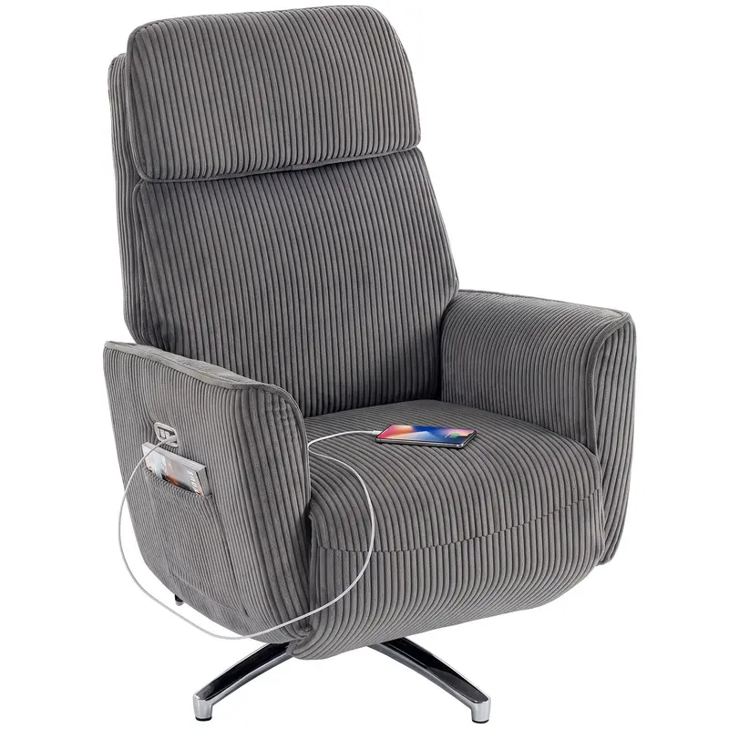 Fauteuil relax électrique HOMCOM – Double moteur, pivotant 360°, ports USB-A & USB-C, appuie-tête réglable, tissu effet velours côtelé, gris foncé
