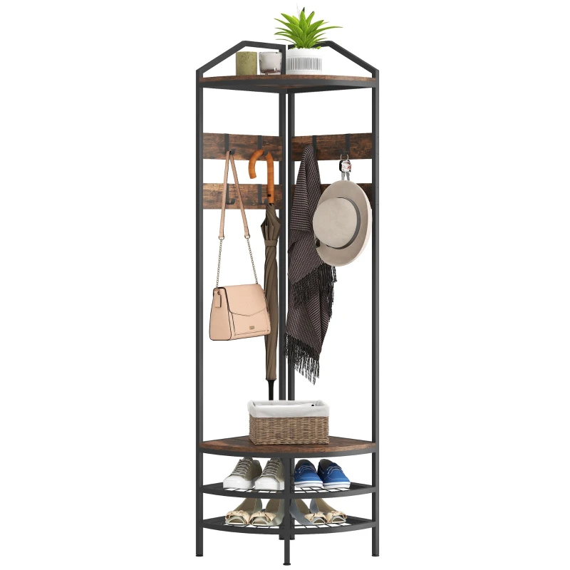 Corner Hall Tree — 4-Tier Entryway Organizer with 8 Removable Hooks & 2-Tier Shoe Rack, Industrial Rustic Brown