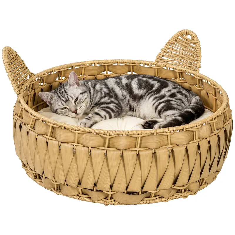 Rattan Cat Bed with Removable Cushion — Cat Cave for Cats up to 22 lb, 19.7" x 19.7" x 9.8", Light Brown