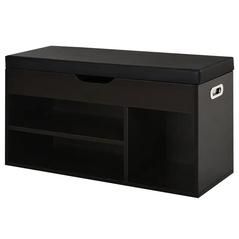 Padded Entryway Shoe Cabinet, Entryway Cabinet with Shoe Rack, with 3 Compartments, PU Leather Seat, for Living Room and Hallway, 80x30x43 cm, Black