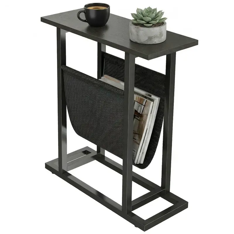 Side Table/Nightstand with Fabric Pocket, Steel Frame End Table for Living Room & Bedroom, 19.3 x 7.5 x 21.7 in, Black