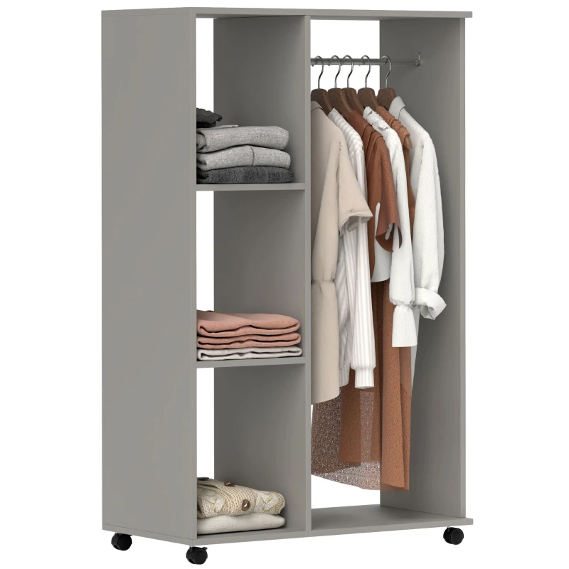 Mobile Wardrobe with 4 Wheels, Hanging Rail & Open Shelves — Rolling Clothes Rack for Bedroom, 80 x 40 x 128 cm (31.5 x 15.7 x 50.4 in), Gray