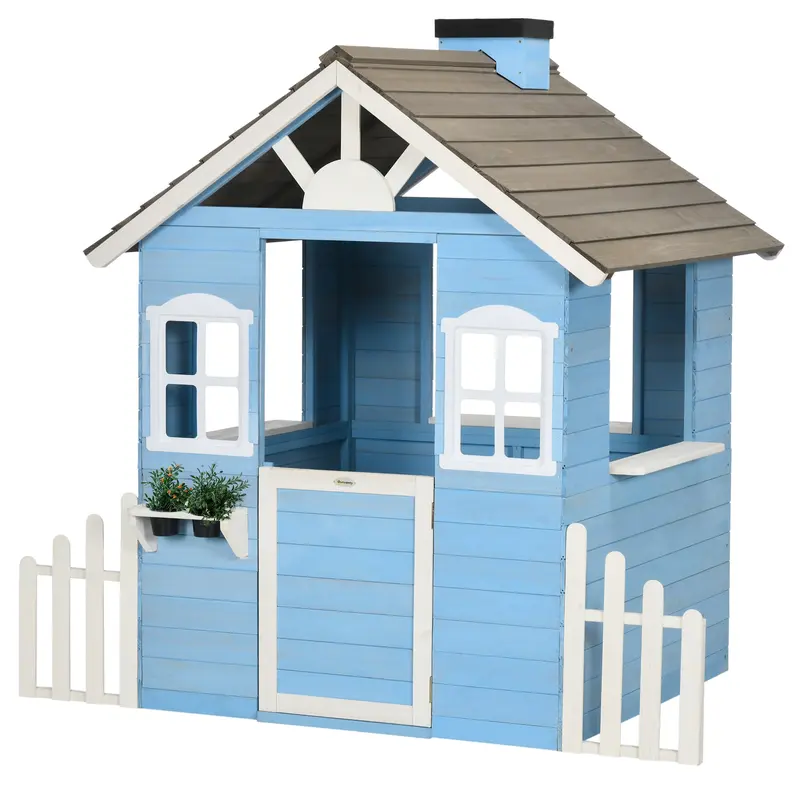 Outdoor Wooden Playhouse for Kids 3-7 Years with Sloping Roof, Door, Windows, Flower Pot Holders & Side Fences, 151x112.5x142 cm Blue