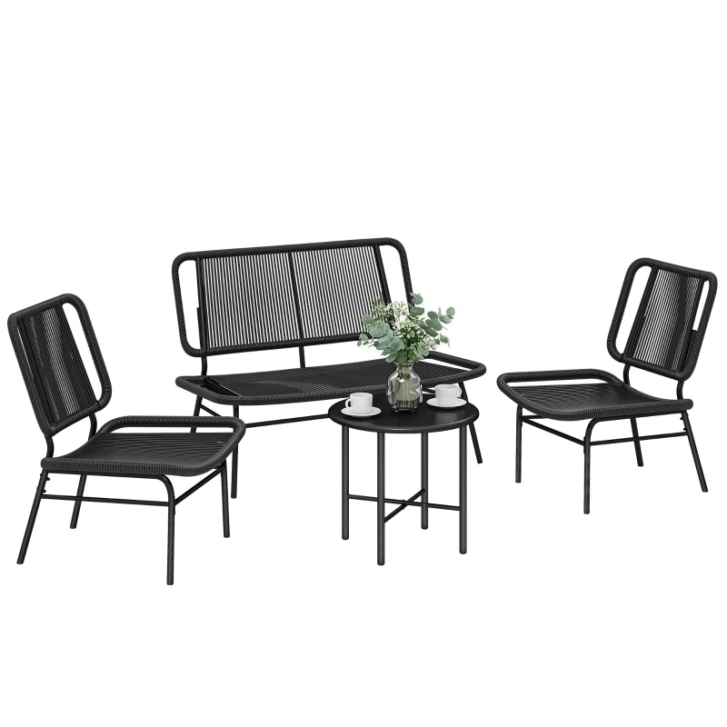 4-Piece Rattan Outdoor Sofa Set — 2-Seat Loveseat, 2 Armless Chairs & Round Metal-Top Coffee Table, Steel Frame, Black