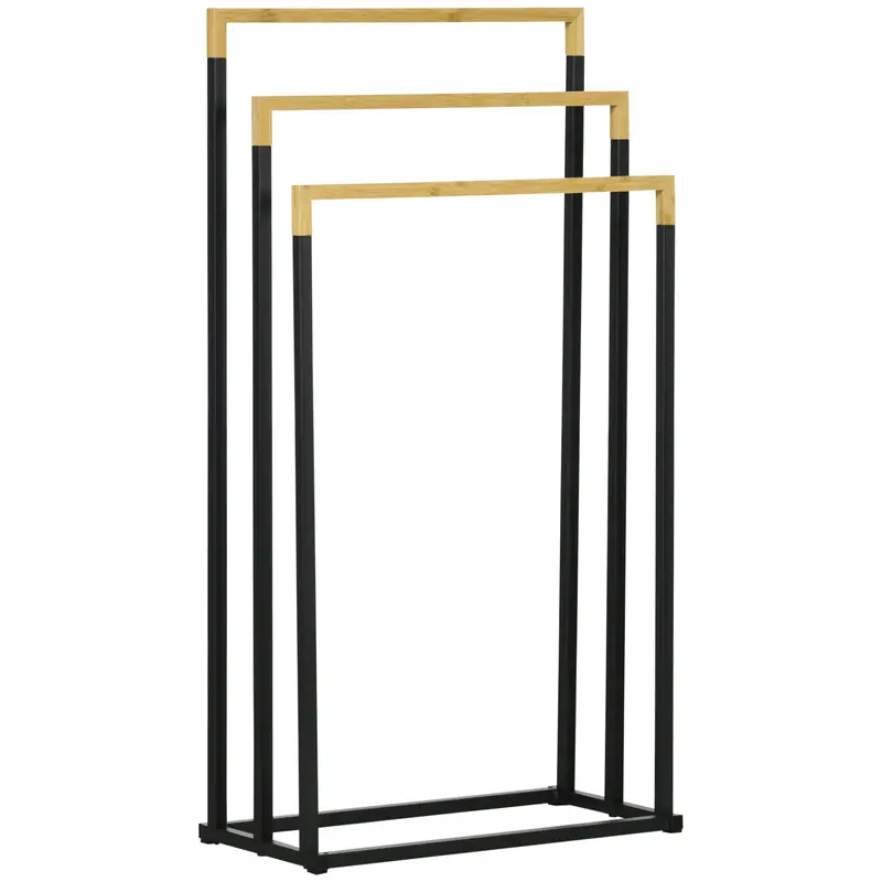 Freestanding Towel Holder, Towel Stand with 3 Towel Bars Bath Towel Rack for Bathroom Steel Bamboo Black