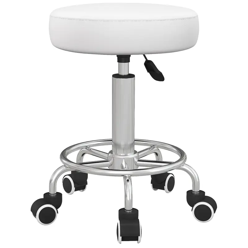 Height-Adjustable Rolling Salon Stool with Foot Ring – White PU Leather, Ø16.5 x 19.7–25.2 in