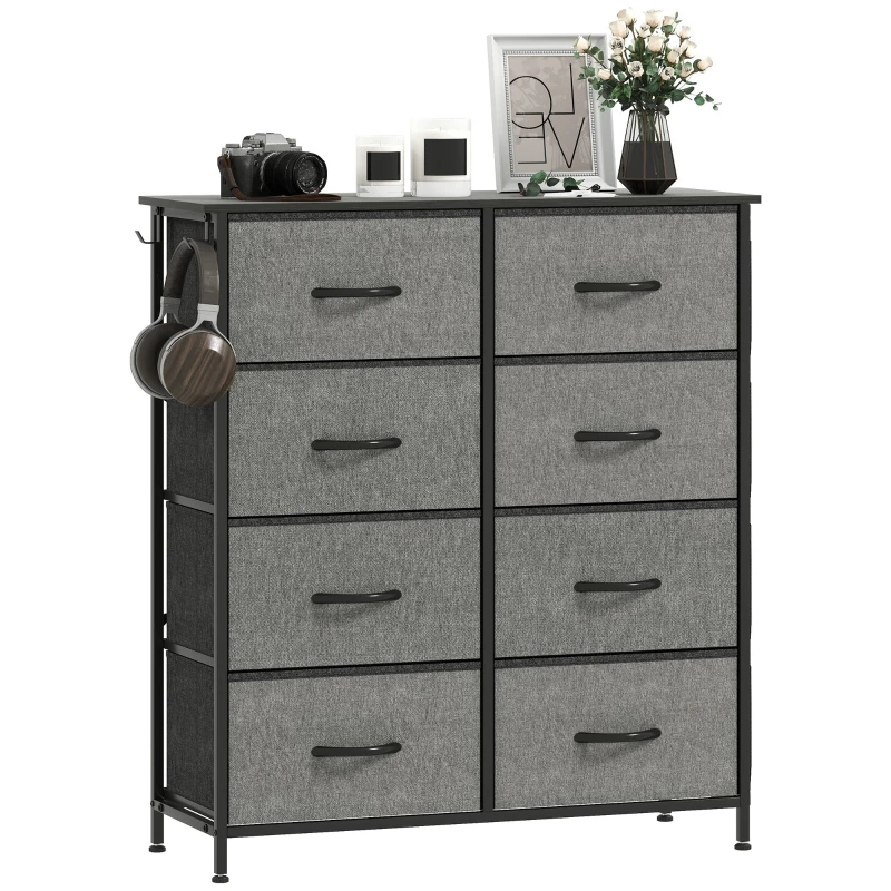 8-Drawer Fabric Dresser with 4 Side Pockets & 2 Hooks, Steel Frame - Gray