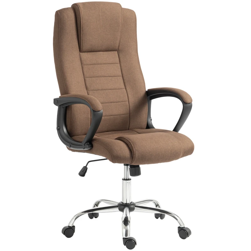 Ergonomic Wide Office Chair — Linen-Look Swivel Desk Chair with Headrest, Rocking Function, Padded Armrests, Adjustable Height — Brown