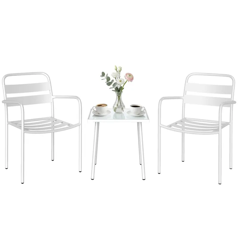 3-Piece Outdoor Garden Bistro Set – Galvanized Steel with 2 Chairs & Tempered Glass Table, Weather-Resistant, White