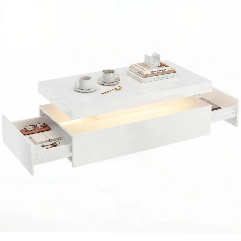 Coffee Table, High-Gloss White with Dimmable RGB LED Strip, App Control, 2 Drawers, Music Sync & Timer, Modern Side Table 39.4 x 19.7 x 15.7 in (100 x 50 x 40 cm)