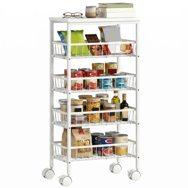 Rolling Utility Cart with Wheels, Kitchen Cart with 4 Removable Baskets, 33 lb Capacity, Metal Frame, for Dining Room, Living Room, Bathroom, 15.7 x 9.4 x 32.3 in, White