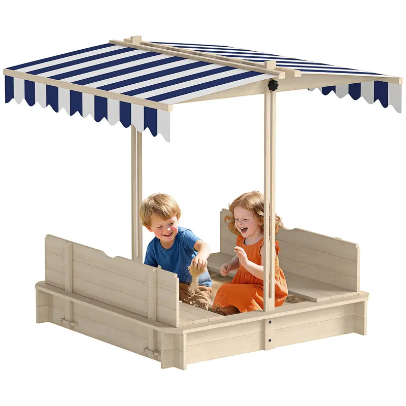 Kids Wooden Sandbox with Cover & Canopy, Garden Sandpit with Adjustable Roof, Foldable Bench Seats with Backrest, Fir Wood, 106 x 106 x 115 cm Outdoor Play Sandpit