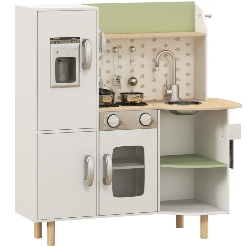 Cuisine en Bois AIYAPLAY pour Enfants de 3 à 6 Ans - Cuisine de Jeu avec Machine à Glace, Évier en Acier Inoxydable, Tasse Mobile et Ustensiles 84x34x89 cm Blanc