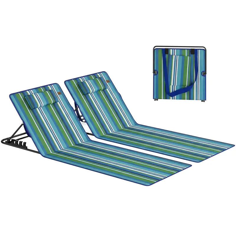 Transats de plage pliants Outsunny par lot de 2 avec dossiers réglables, coussins d'appui-tête et sac de rangement — Gris foncé