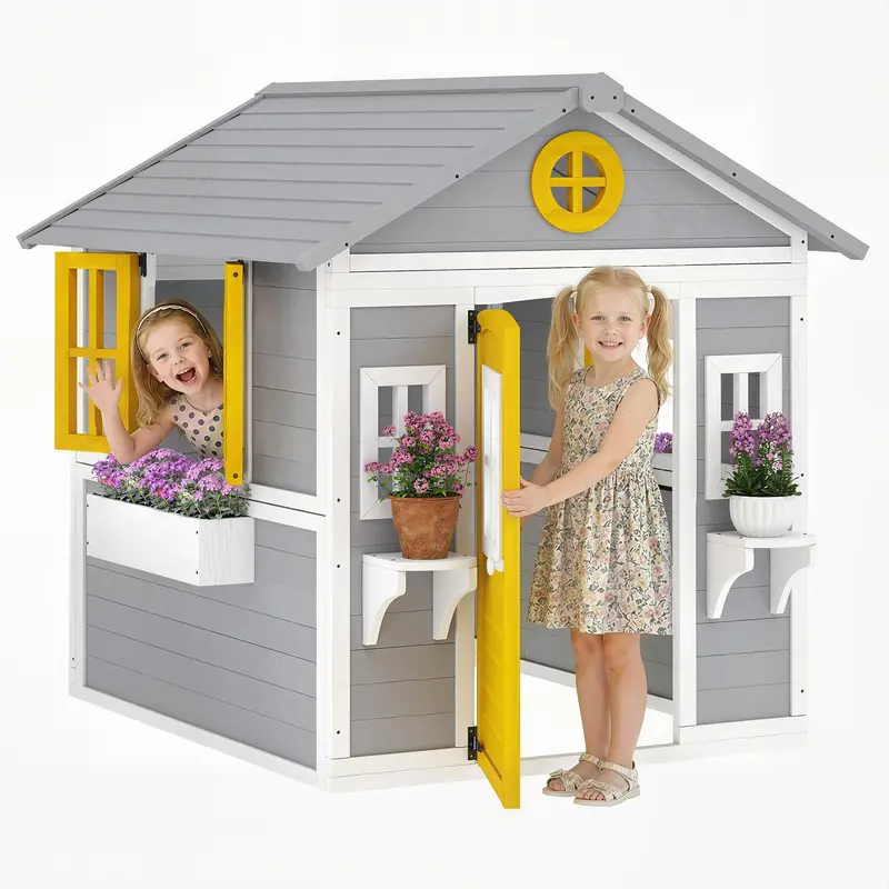 Kids Wooden Playhouse, Indoor Outdoor Garden Play House with Door, Windows, Planter Boxes, Flowerpot Shelves & Sloped Roof, Ages 3-8, Grey and Yellow, 112 x 126 x 135 cm