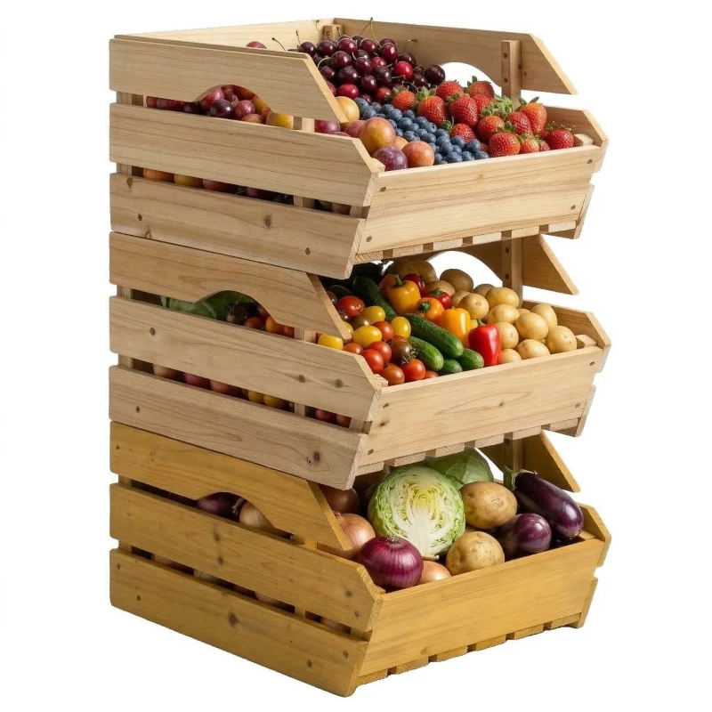 3-Tier Removable Pine Wood Fruit Basket Stand — Stackable Fruit & Vegetable Rack, Easy to Move, 37.5 x 27 x 60 cm (Natural)
