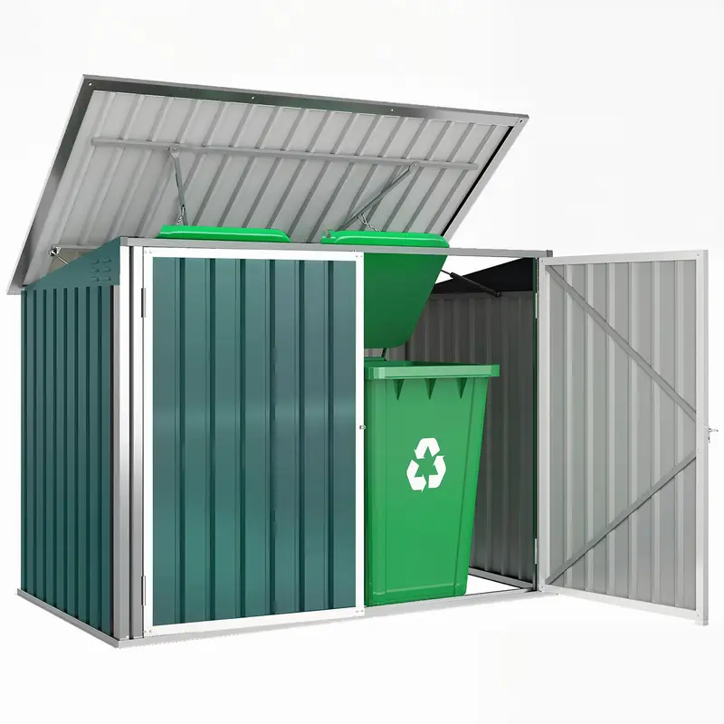 Lockable Steel Bin Storage Box for 2 Bins – Double Doors & Gas-Lift Lid, Ventilated, Green (179.5 x 108 x 129.5/113 cm)