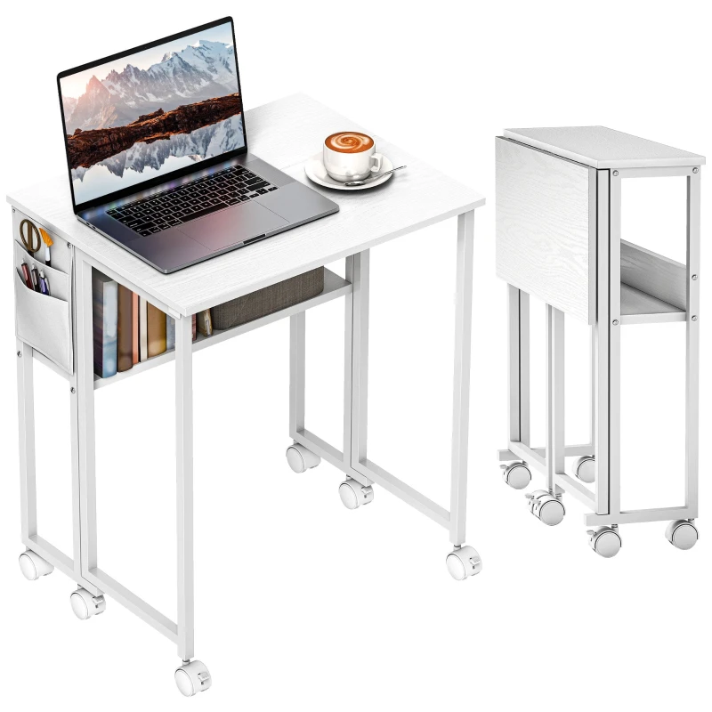 Folding Small Desk 63 cm | Space-Saving Rolling Computer Desk with Shelf & Side Pocket, White