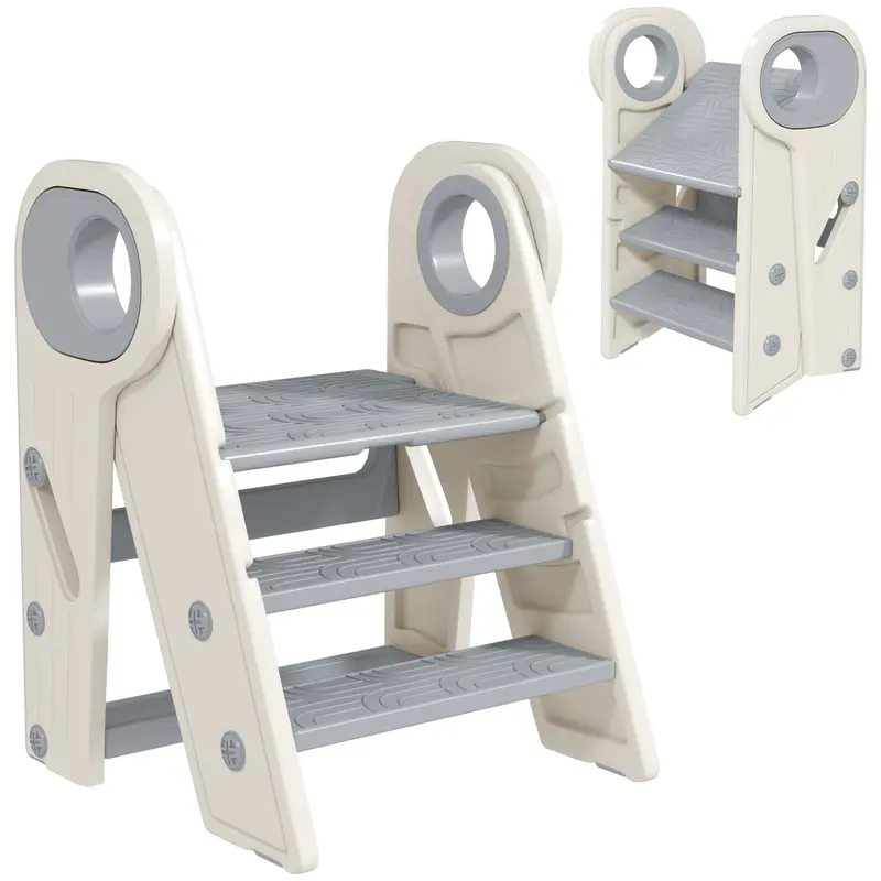 Children's Folding Stool Adjustable Learning Tower Step Stool for Children 18-60 Months old Non-Slip for Bathroom Kitchen Bookshelf Bedroom Gray and White