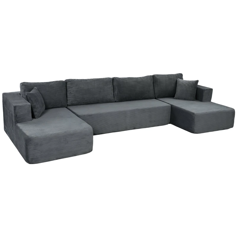 4-Seater Modular U-Section Sofa — 2 Chaises, Convertible Sofa Bed, Gray Corduroy, No Assembly