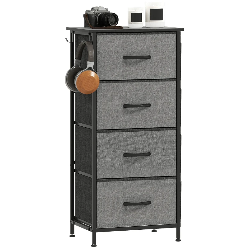 4-Drawer Fabric Dresser with Side Pockets & Hooks, Steel Frame - Gray