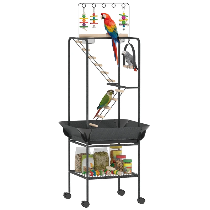 Bird Play Gym — Mobile Bird Stand with Wheels, Ladders, Swing, Seed Guard, Tray, Feeders, Perches & Shelf for Parakeets & Cockatoos — 63 x 63 x 163 cm (24.8 x 24.8 x 64.2 in)