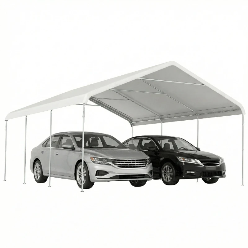 5 x 6 m Portable Car Garage Canopy, Waterproof Galvanized Steel Frame, UV-Resistant Cream Shelter for Cars & Garden Storage