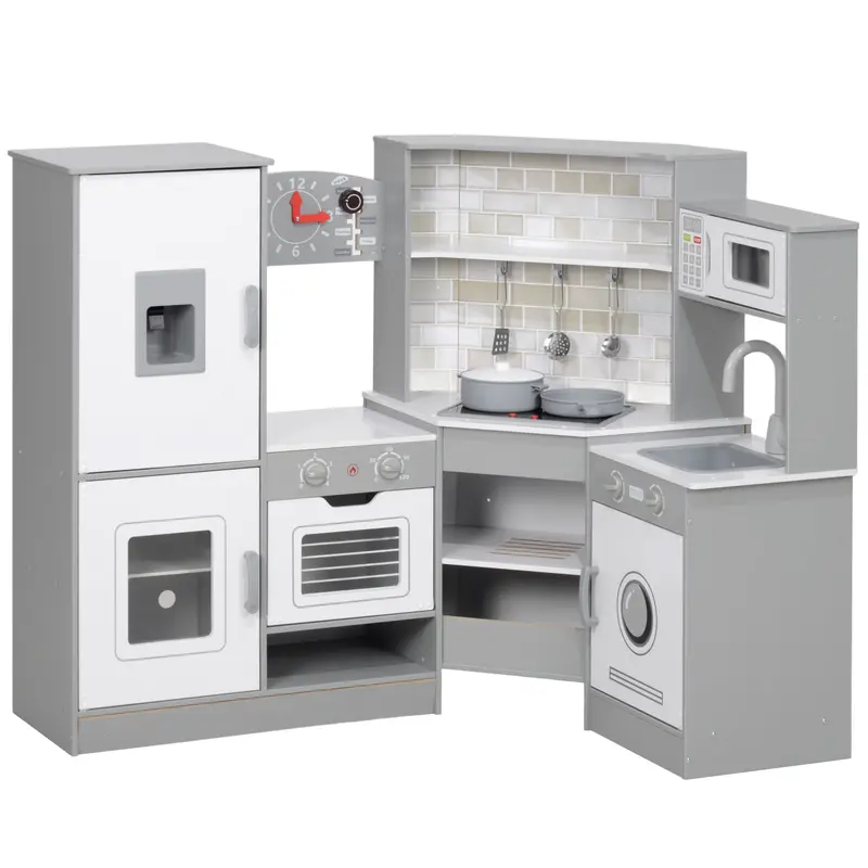 Cuisine en Bois AIYAPLAY pour Enfants +3 Ans - Cuisine d'Angle avec Réchaud, Four, Robinet, Évier, Micro-Ondes, Lave-Linge, Fabricant de Glace et Accessoires