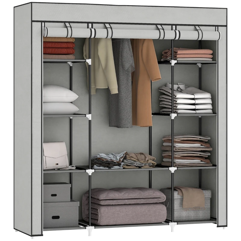 Fabric Wardrobe with Hanging Rod & 10 Shelves, Foldable Closet Organizer, 59 x 17 x 64 in, Light Gray