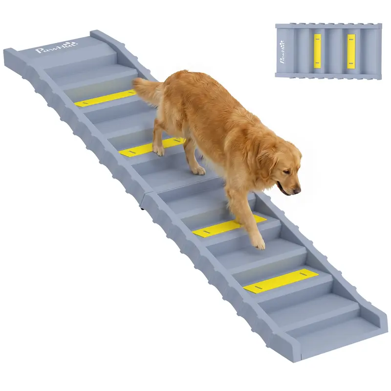 Foldable Car Dog Ramp, Portable 10-Step Dog Stair with Non-Slip Strips & Mats, Lightweight, Supports Up to 150 lb (68 kg) – Gray