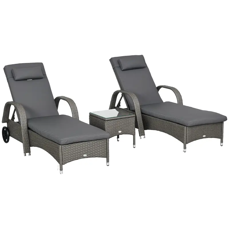 Ensemble de Mobilier de Jardin Outsunny - Chaises Longues et Table de Jardin 3 Pièces, Polyrattan + Métal Gris + Gris Foncé