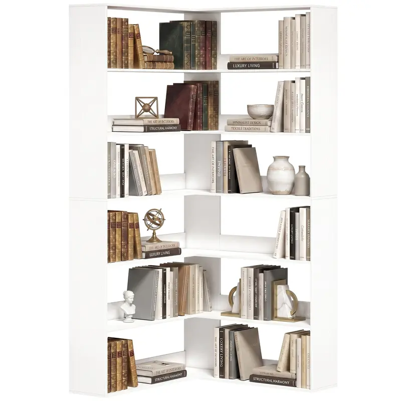 7-Tier L-Shaped Corner Bookcase, White Wood-Effect, Non-Slip 2.8 in Back Lip, 35.4 x 35.4 x 70.9 in