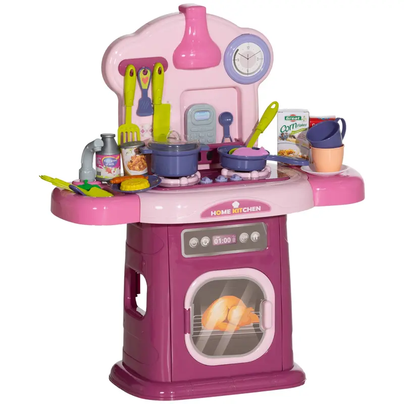 Kids Kitchen Playset Toy 38 PCS Pretend Play Kitchen Accessories - for 3-6 years with realistic lights and sounds, Pink