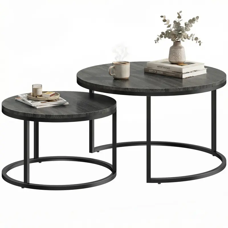 HOMCOM Lot de 2 tables basses rondes gigognes avec structure métallique, plateaux effet bois — 78,5 x 78,5 x 46,5 cm