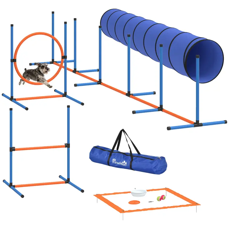 8-Piece Dog Agility Training Set with Tunnel, Weave Poles, Adjustable Hurdles, Jump Ring, Pause Platform, Bowl, Toys & Carry Bag for Garden, Indoor & Outdoor