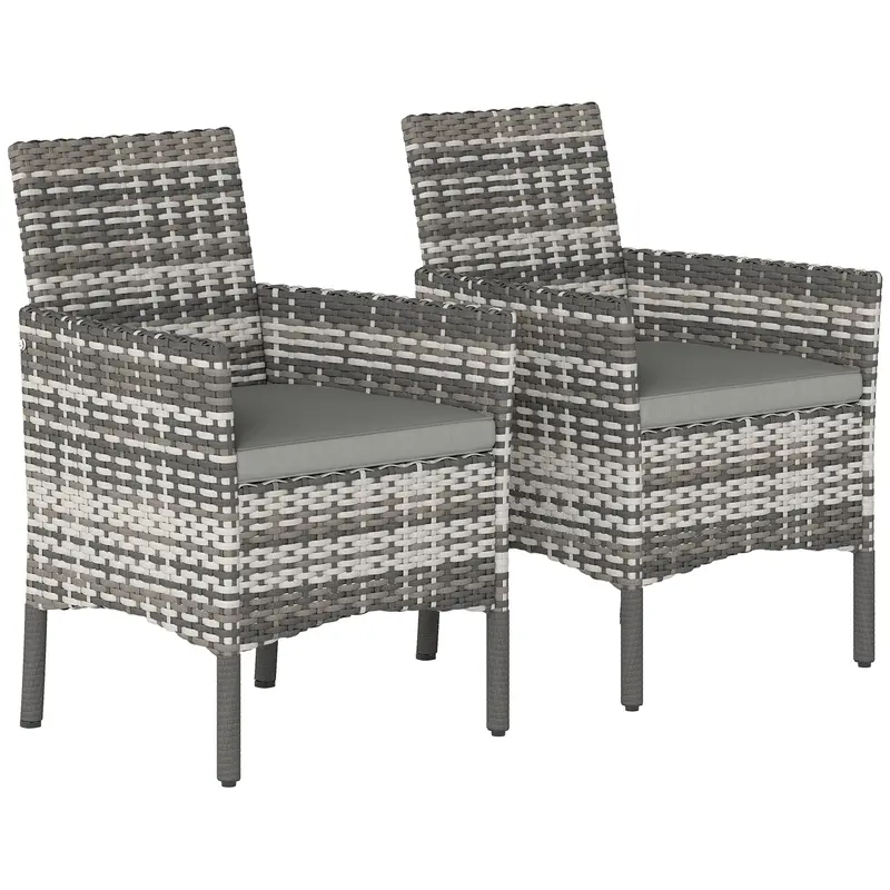 Set of 2 Gray Rattan Outdoor Chairs with Cushions, Armrests & High Back — Steel Frame for Patio, Balcony & Poolside