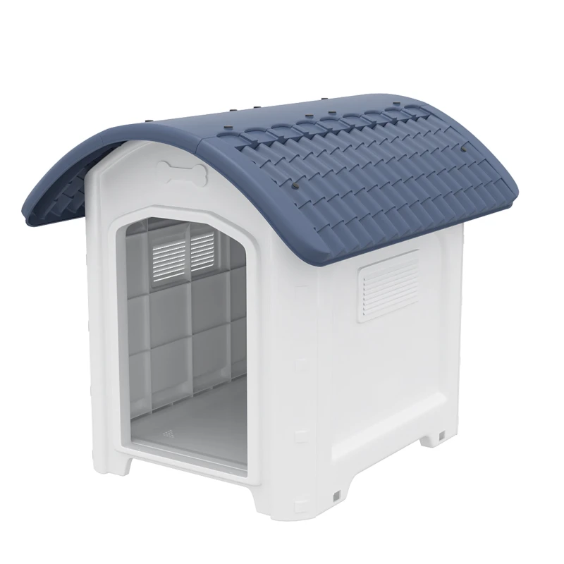 Waterproof Ventilated Outdoor Dog House — Polypropylene with Elevated Removable Floor & Air Vents, Gray