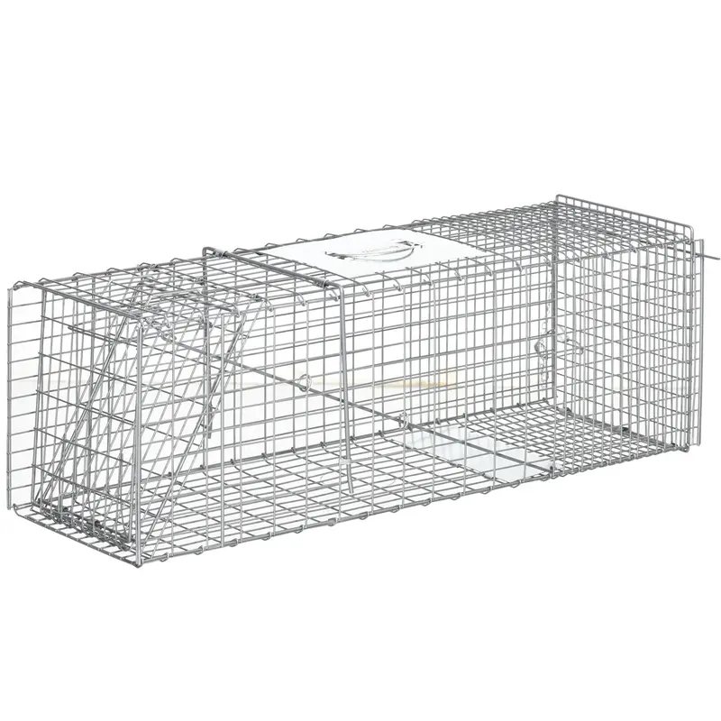 Piège à animaux vivants pliable Outsunny 93x31x34,5 cm Cage de capture en fil avec porte et poignée pour lapins, chats, rats et rongeurs Argent