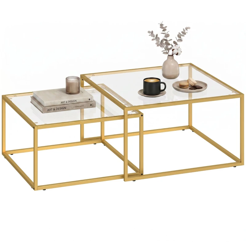 2-Piece Square Nesting Coffee Tables with Tempered Glass Top and Metal Frame, Space-Saving, for Living Room, Bedroom or Office, 29.5x29.5x16.5 in, Gold