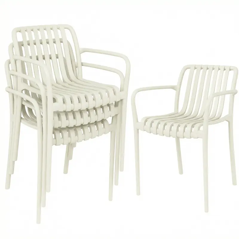 4-Pack Stackable Patio Chairs with Slatted Design & Armrests — Cream White, Ergonomic, 265 lb Capacity